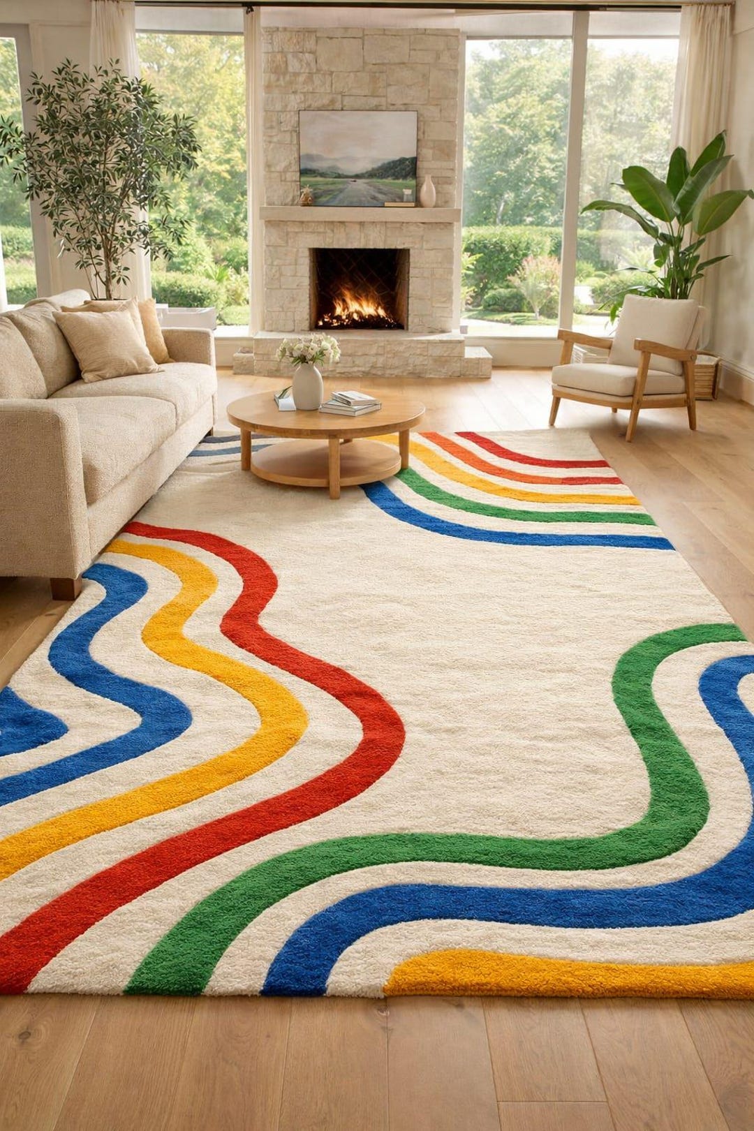 Rainbow Wave Hand Tufted Wool Area Rug | Modern Abstract Colorful Rug ...