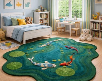 Koi Fish Pond Hand Tufted Area Rug – Artistic Water Garden Green Rug with Fish Design for Living Room, Balcony & Modern Nature Home Decor
