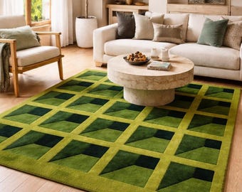 Alfombra geométrica de lana verde, tejida a mano e inspirada en Anthropologie: moderna y lujosa alfombra para dormitorio y sala de estar con un diseño esculpido y audaz de 30 x 38 cm.