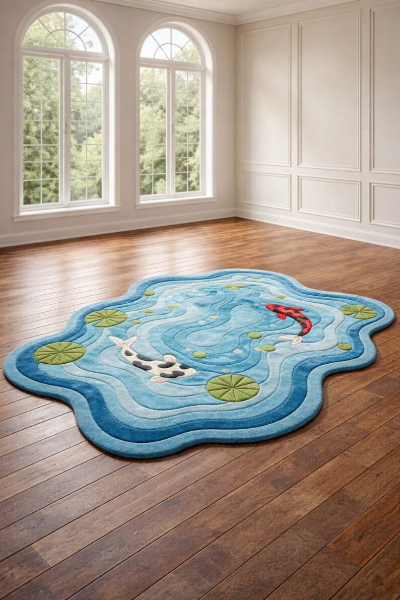 Koi Fish Pond Hand Tufted Area Rug – Artistic Water Garden Blue Rug ...