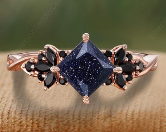 Vintage Princess Cut Blue Sandstone Engagement Ring Rose Gold Promise Ring Art Deco Blue Sandstone Wedding Ring Unique Ring Anniversary Gift