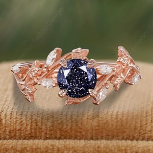 Round Cut Blue Sandstone Engagement Ring Nature Inspired Rose Gold Leaf Moissanite Wedding Ring Starry Night Promise Ring Anniversary Gift