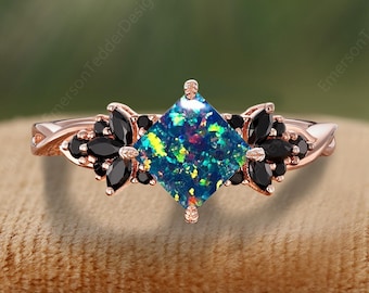 Princess Cut Black Fire Opal Engagement Ring Silver Opal Ring Rose Gold Black Onyx Promise Ring October Birthstone Ring Gift For Women