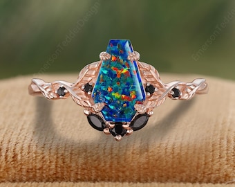Vintage Coffin Cut Black Fire Opal Engagement Ring 14K Rose Gold Twig Leaf Opal Wedding Ring Art Deco Opal Bridal Ring October Birthstone