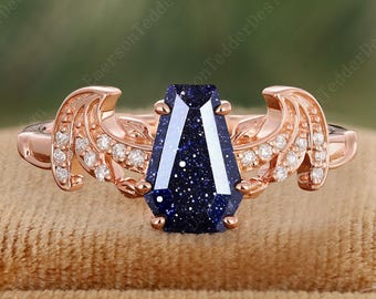 Vintage Coffin Cut Blue Sandstone Engagement Ring Rose Gold Engagement Ring Unique Vampire Bat Blue Sandstone Wedding Ring Anniversary Gift