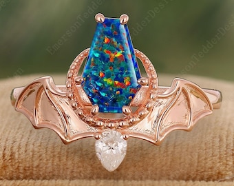 Antique Coffin Black Opal Engagement Ring Rose Gold Moissanite Promise Ring Vampire Ring Bat Wing Ring Unique Opal Bridal Ring Women Gift