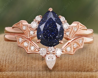 Vintage Pear Cut Blue Sandstone Engagement Ring Set Rose Gold Moissanite Wedding Band Art Deco Blue Sandstone Bridal Set Annivesary Gift