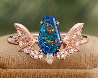 Vintage Coffin Cut Black Fire Opal Engagement Ring Rose Gold Ring Cluster Moissanite Promise Ring Unique Opal Bridal Ring October Birthstone