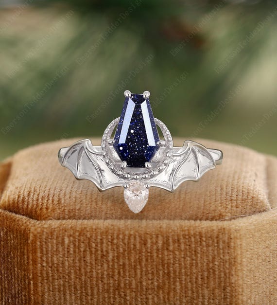 Unique Coffin Cut Blue Sandstone Engagement Ring Black Gold