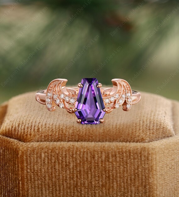 Vintage Coffin Amethyst Engagement Ring Rose Gold Moissanite