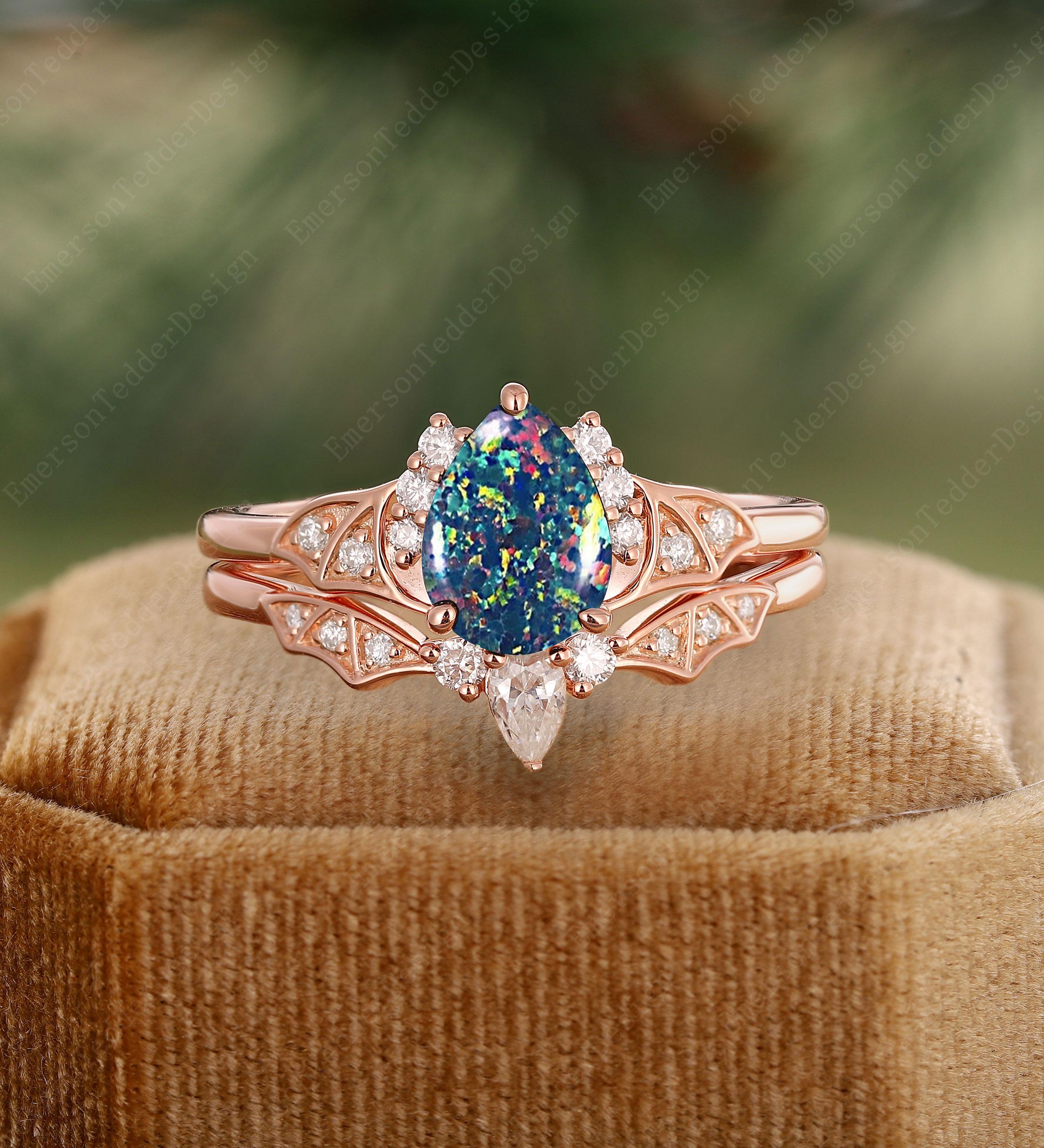 Unique Pear Cut Black Fire Opal Engagement Ring Set Rose Gold Wedding Ring Art Deco Moissanite Ring Vintage Fire Opal Bridal Set Women Gift