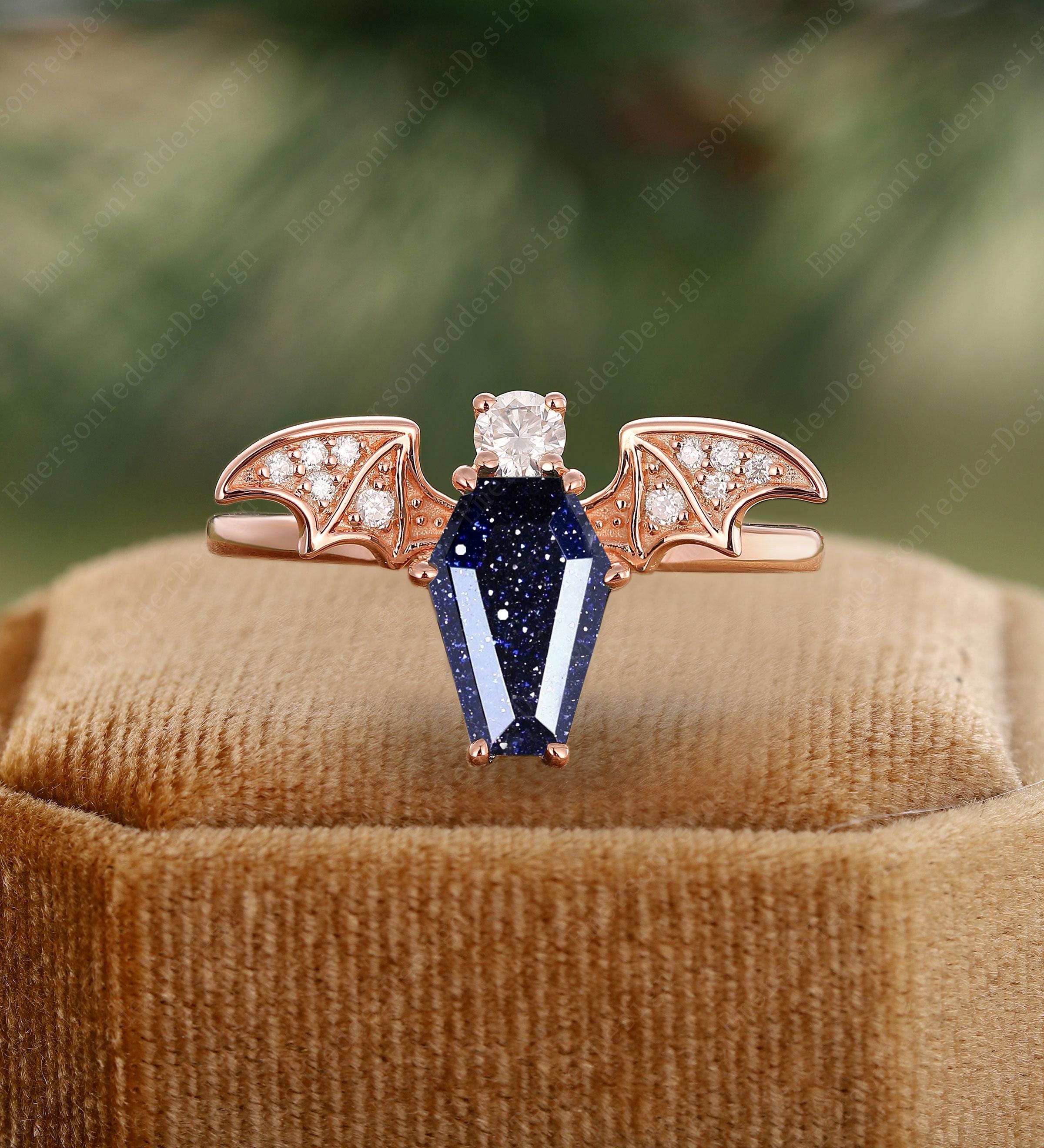 Vintage Coffin Cut Blue Sandstone Engagement Ring Vampire Bat Ring Rose Gold Moissanite Promise Ring Art Deco Sandstone Wedding Ring Gift