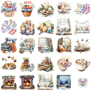 48 illustrations clipart chaleureuses du Nouvel An mettant en vedette des intérieurs chaleureux, des bougies, du tricot, du cacao chaud et des scènes de fête