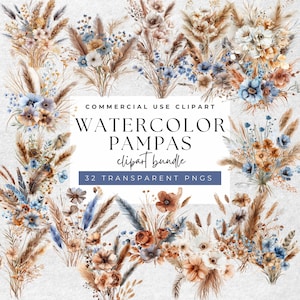 Boho Bliss Pampas : ensemble de cliparts floraux aquarelle chic - 32 fichiers PNG transparents - élément d'invitation de mariage - usage Commercial