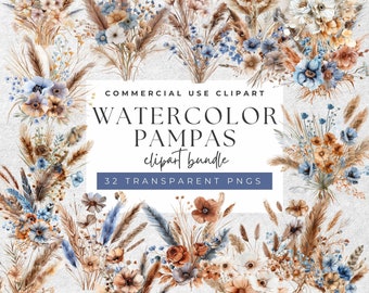Watercolor Pampas Floral Clipart Set: Boho Wedding PNGs (Commercial Use)