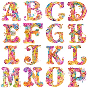 Watercolor Groovy Retro Alphabet Clipart PNGs - 26 High-Resolution 300 DPI Psychedelic Letters for Digital Art and Crafts
