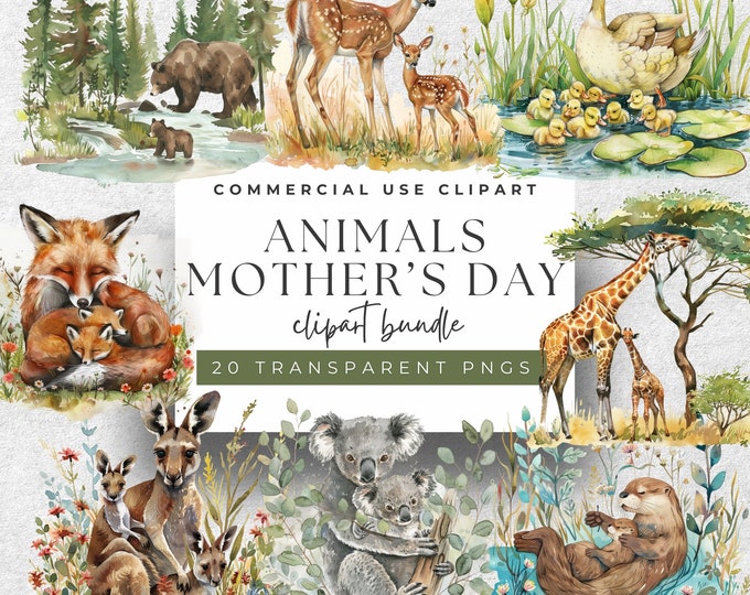 10 Watercolor Animal Mother and Baby Clipart Mothers Day Clipart High ...