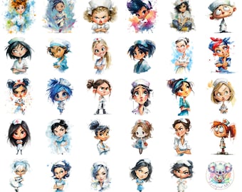 Colorful Chibi Nurse Clipart: Playful Cartoon Characters for Crafts