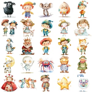 Nursery Rhymes Clipart Collection - 25 High-Resolution 300 DPI PNGs Including Humpty Dumpty, Little Bo Peep, Jack and Jill, and More