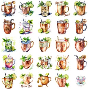 Aquarell Moscow Mule Clipart PNG, transparente Cocktailkunst, skurrile Kupferbecher & erfrischende Getränkedesigns für Kunsthandwerk und Branding