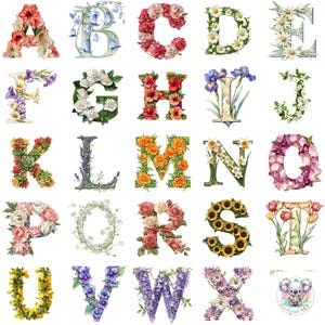 104 imágenes prediseñadas del alfabeto con temática de flores: conjunto de letras florales de la A a la Z con 4 diseños únicos para proyectos educativos infantiles y decoración creativa