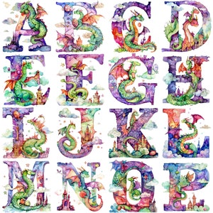 PNG dell'alfabeto delle lettere dei draghi dell'acquerello: 26 lettere dell'alfabeto dettagliate da 300 DPI, ideali per creazioni e disegni a tema fantasy