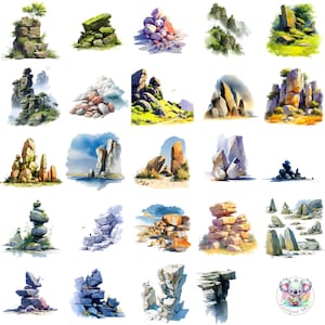 Clipart roche PNG, 47 illustrations aquarelles de pierres et de rochers, art rupestre nature transparente pour le scrapbooking, l'artisanat et la conception