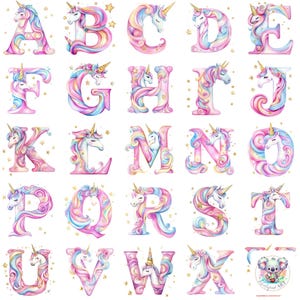 Watercolor Unicorn Alphabet Clipart PNG, Transparent Magical Letters with Pastel Colors, Stars, and Glitter for Birthday Crafts