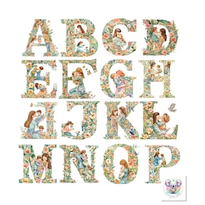Maternal Blooms ABC - Acuarela Día de la Madre Madre e Hijo Flor Letra Alfabeto Clipart - 26 PNGs elegantes, 300 DPI