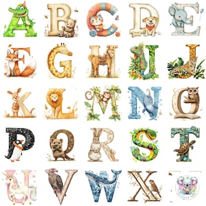 Educational Animal Alphabet Clipart Collection – 104 Unique A-Z Designs Featuring Adorable Animal Letters for Classrooms and Nurseries