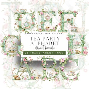Elegante acuarela Tea Party Letter Alphabet Clipart - 26 PNG transparentes para despedida de soltera y decoración de fiesta en el jardín, alta resolución 300 DPI