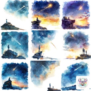 Colección de imágenes prediseñadas de observación de meteoritos: 20 imágenes en acuarela de observaciones celestes para manualidades, invitaciones y proyectos de decoración