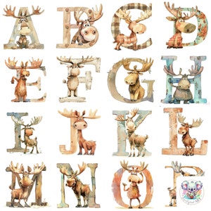 Quirky Moose Alphabet Letter Alphabet Cliparts PNGs: 26 designs de letras de floresta de alta resolução de 300 DPI para artesanato, convites e decoração