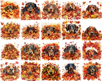 Watercolor Dachshund Clipart: Autumn Leaves PNG Collection (Digital Download)