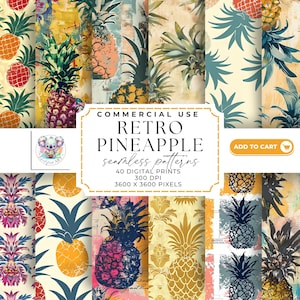 May include: A set of 40 digital seamless patterns featuring retro pineapple designs in various colors and styles. The patterns are 3600 x 3600 pixels and 300 DPI.  Commercial use is allowed.