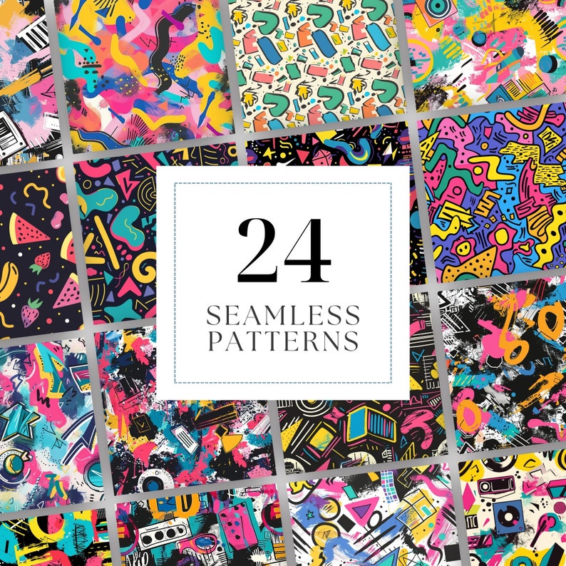 Puede incluir: Un conjunto de 24 patrones sin costuras coloridos, geom&eacute;tricos y abstractos. Los patrones presentan una variedad de formas, l&iacute;neas y texturas, incluyendo c&iacute;rculos, cuadrados, tri&aacute;ngulos, rayas, lunares y salpicaduras. Los patrones son perfectos para usar en una variedad de proyectos de dise&ntilde;o, como telas, papel tapiz, papel de regalo y dise&ntilde;o digital.