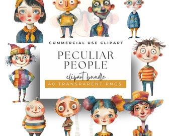 Watercolor Peculiar People Clipart: 40 Whimsical PNGs