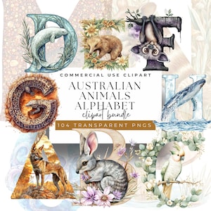May include: A watercolor clipart bundle featuring the Australian Animals Alphabet. The image includes letters with illustrations of Australian animals such as a dugong, echidna, gecko, bat, whale, dingo, bilby, and cockatoo. The text reads "Australian Animals Alphabet clipart bundle".