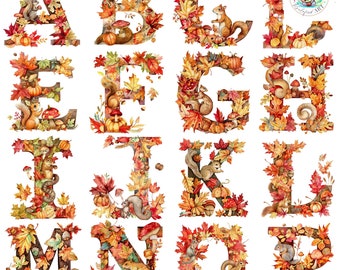 Op de afbeelding: Waterverf alfabet van A tot en met P, versierd met herfstbladeren, pompoenen, paddenstoelen en eekhoorns. De letters zijn in tinten oranje, rood, geel en bruin, wat een herfstthema creëert. Perfect voor seizoensgebonden knutselwerk en decoratie.