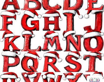 May include: Red alphabet letters with white Santa hats. Each letter is drawn in a cartoon style with a textured, snowy surface.