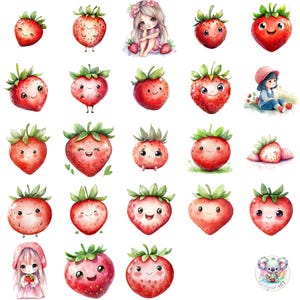 Aquarelle fraise Chibi Clipart PNG, personnages de fruits kawaii transparents, fraise mignon enfants pour autocollants, invitations et travaux manuels