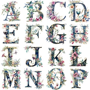 Elegante acuarela floral y vino letra alfabeto clipart PNG - Conjunto completo de 26 letras de alta calidad de 300 DPI para papelería de boda