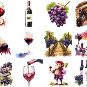 Acquerello Merlot Clipart PNG: 46 eleganti illustrazioni di vino per celebrazioni, artigianato e design per la giornata internazionale del Merlot