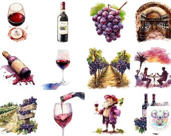 May include: Watercolor painting of wine-related imagery.  The painting includes a bottle of wine, a glass of wine, a bunch of grapes, a vineyard, a wine cellar, and a couple enjoying a glass of wine.  The painting also includes the text "Minerva" and "Tamarind".