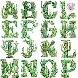 PNG completo de imágenes prediseñadas del alfabeto de cactus: 26 letras botánicas con diseños detallados de cactus, 300 DPI