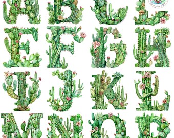 Complete Cactus Alphabet Clipart PNGs: 26 Botanical Letters with Detailed Cactus Designs, 300 DPI