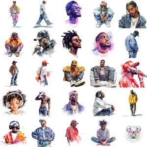 Clipart PNG de rapero de los 90 en acuarela, arte hip hop transparente, moda urbana retro y raperos para invitaciones a fiestas, aulas y decoración.