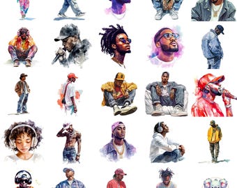May include: A digital collage of watercolor illustrations featuring various people wearing hats, sunglasses, and headphones. The illustrations are set against a white background.