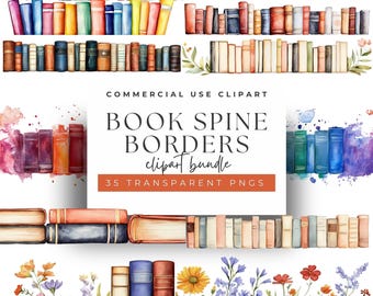 Watercolor Book Spine Clipart: Transparent Bookshelf Borders (PNG)