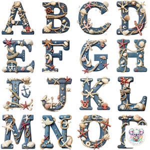 Nautische Alphabet Cliparts | 26 Buchstaben zum Thema Marine A-Z | Muschel, Seil & Ocean Decor Digital PNG | Strand Küsten Typografie für Handwerk